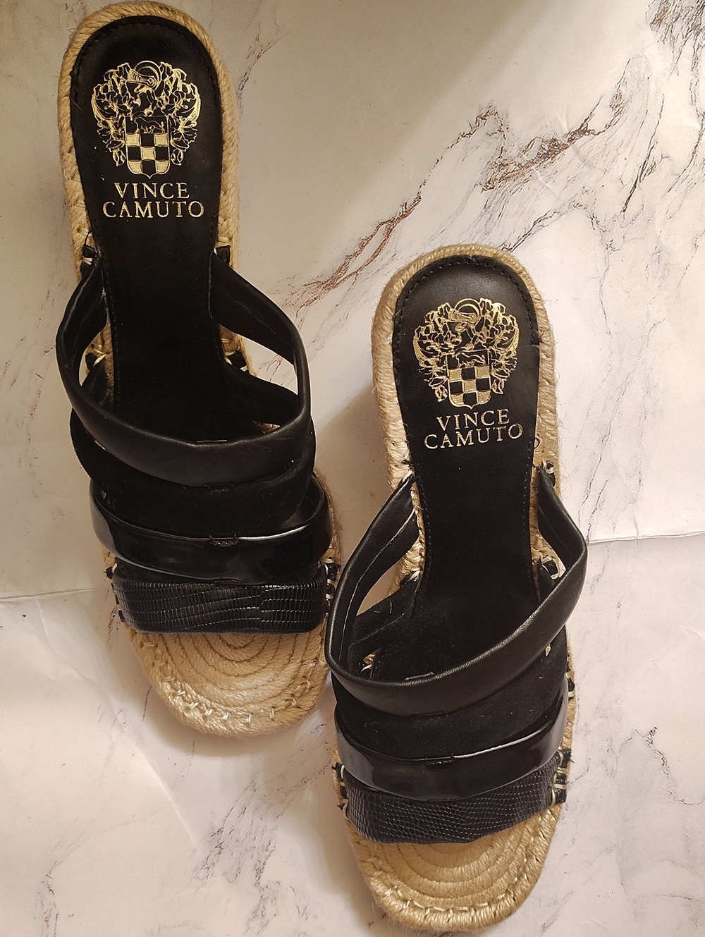 Vince Camuto Black Suede And LeatherBraided Espadrille Wedge Slides
